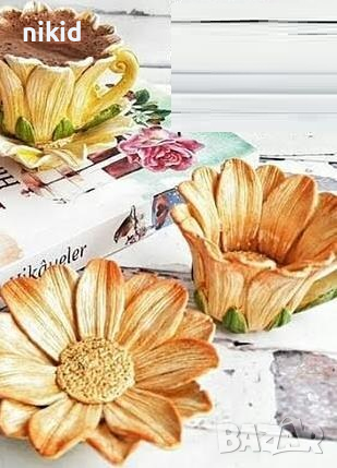 3d сет сервиз чаша и чиния слънчоглед силиконов молд калъп форма фондан гипс смола декор украса, снимка 2 - Форми - 44659721