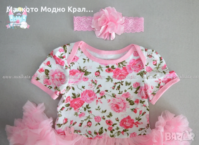 Комплект "Светли рози" боди рокличка, пантофки и лента за коса, снимка 3 - Бебешки рокли - 51504881