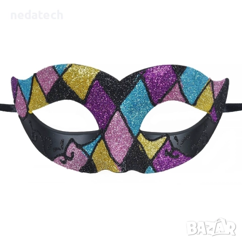 Дамска карнавална маска, черна, с ромбове и многоцветен брокат