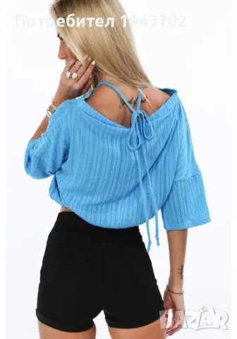 Къса дамска блуза с ластик в син цвят MP16365, снимка 2 - Корсети, бюстиета, топове - 48118290