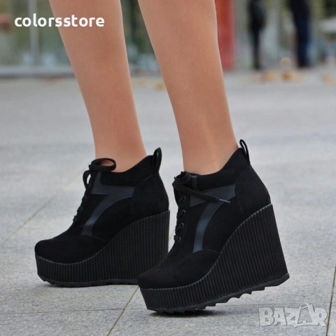 Кецове на платформа - черен велур и кожа - NO4 