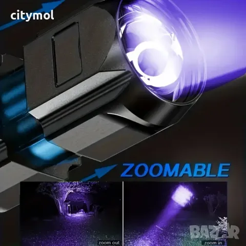 Ултравиолетов фенер, ZOOM функция, UV 395nm, LED, TYPE C зареждане, снимка 3 - Къмпинг осветление - 47627562