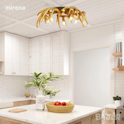 Таванна лампа полилей 5 лампи от еленови рога рустик селски, снимка 3 - Лампи за таван - 53225387