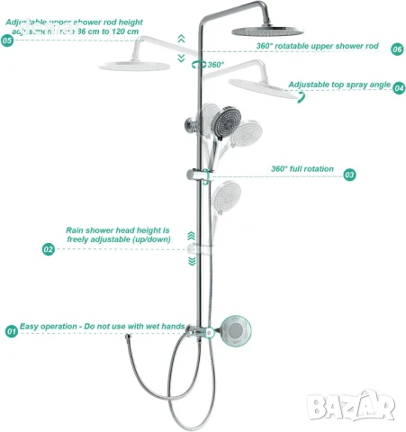 Комплект за душ OFFO, с кръгла душ глава тип Rainfall 25 см и ръчен душ с 1,6 м маркуч, хром, снимка 3 - Душове - 51167099