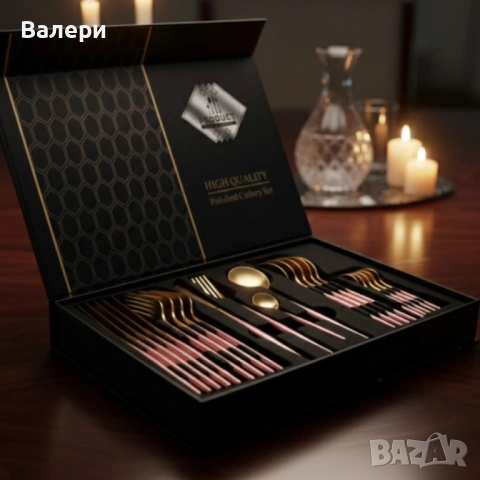 Комплект прибори за хранене от 24 части с луксозен дизайн и магнитна кутия в златисто и розово, снимка 5 - Прибори за хранене, готвене и сервиране - 53201417