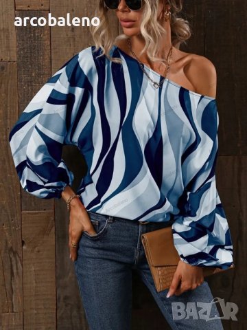 Дамска риза с щампа и свободни рамена с балонени ръкави, 7цвята, снимка 6 - Ризи - 41003643