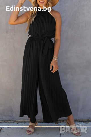 Дълъг дамски гащеризон в черно с колан, снимка 1