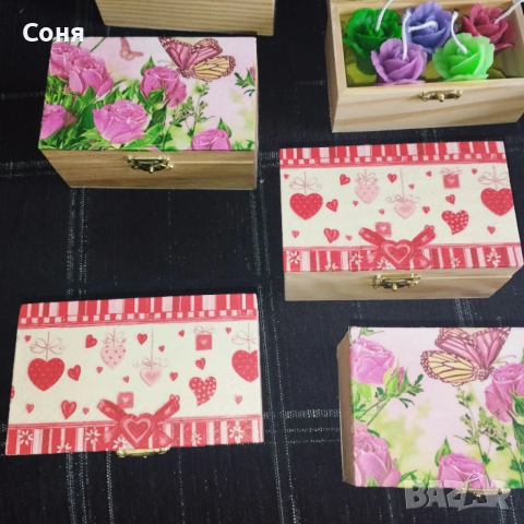 Дървена кутия с  пет ароматни мини рози - свещ, снимка 8 - Подаръци за жени - 53168163