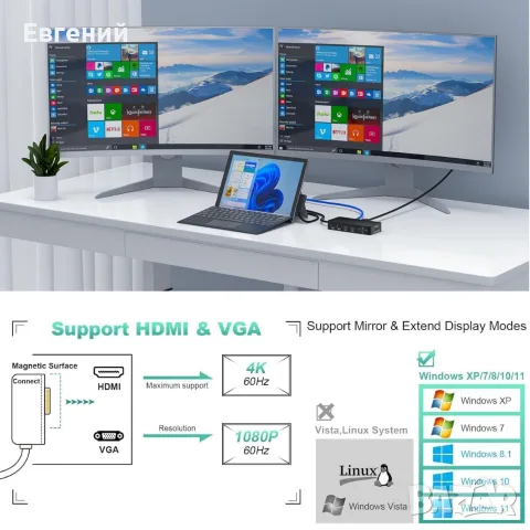 Microsoft Surface Dock с три дисплея (4K HDMI + VGA), 11 в 1 докинг станция Surface Pro със захранва, снимка 4 - Кабели и адаптери - 55906807
