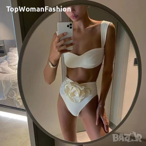 Луксозен бански с висока талия и 3D роза на талията, снимка 1