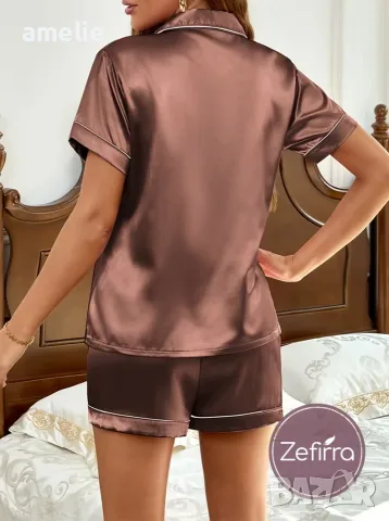 Дамски сатенен пижамен комплект 🪶Zefirra Brownie🪶 Дамска пижама с къс ръкав, снимка 5 - Пижами - 55780010
