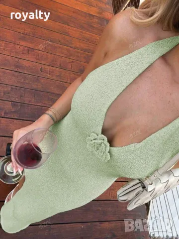 Рокля от плетен тъкан плат в ментово зелено с рози 🍈🍋‍🟩, снимка 8 - Рокли - 49206225