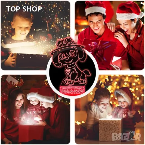 3D LED Paw Patrol илюзионна лампа, 3 плаки, 16 променящи се цвята, снимка 8 - Настолни лампи - 49146200