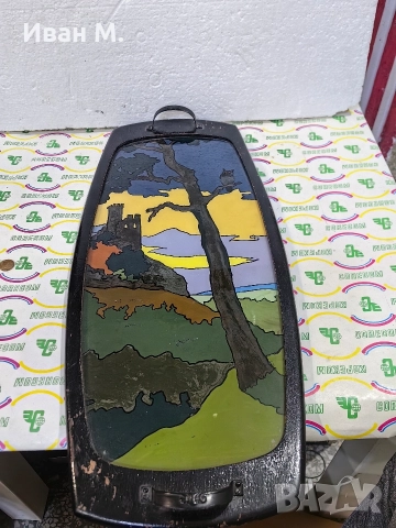 Стар дървен поднос с рисувано стъкло , снимка 2 - Други ценни предмети - 52811460