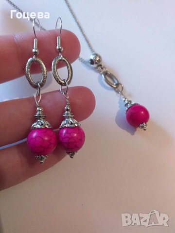 Разкошен комплект обици и колие с розов Тюркоаз и орнаменти цвят сребро , снимка 5 - Бижутерийни комплекти - 41668951