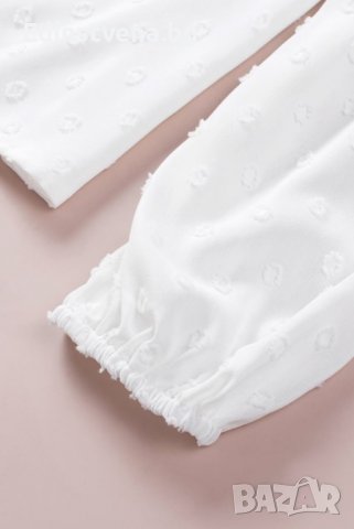 Дамска елегантна блуза в бяло с принт на точки и ефектно бродирано деколте, снимка 7 - Блузи с дълъг ръкав и пуловери - 39890805