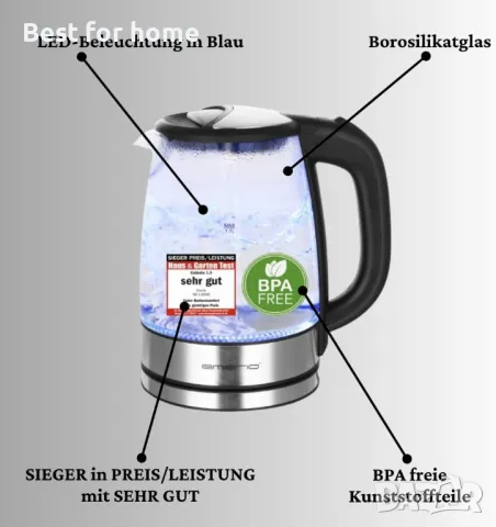 EMERIO Бързоварна кана със стъклен корпус и LED подсветка, снимка 8 - Кани - 48357494