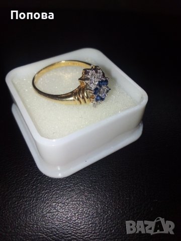 18k. златен пръстен с диаманти и сапфири, снимка 9 - Пръстени - 40624952