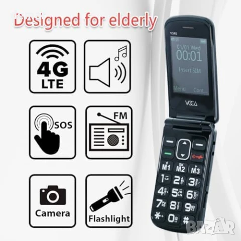 VOCA Телефон с големи бутони за възрастни хора |Отключен 4G LTE |Силен звук |SOS бутон |V340 (Черен), снимка 4 - Други - 50446717
