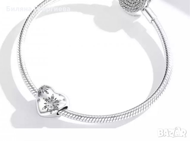 Талисман за гривна Пандора сърце със снежинки Snowflake Love сребро s925 модел 005, снимка 8 - Гривни - 34479086