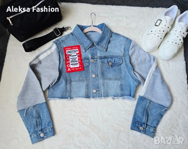 Дамско късо дънково яке с ръкави от плат , снимка 7 - Якета - 52819452