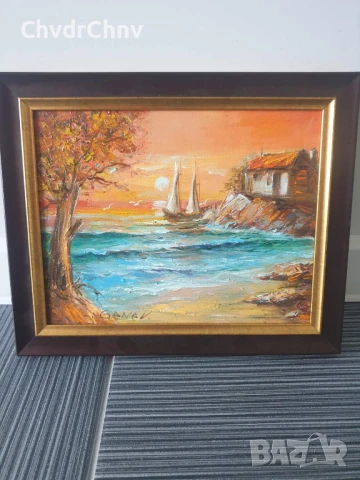 Димитър Генев 33x27см/малка българска картина масло върху платно/морски пейзаж/рибарски лодки-колиба