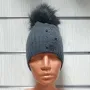 Нова зимна дамска шапка с камъчета в сив цвят с пух/помпон, снимка 2