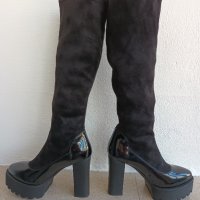 Дамски черни дълги ластични ботуши с висок ток и дебела подметка и лачена основа, снимка 3 - Дамски ботуши - 41845335