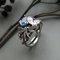 Ретро пръстен със син топаз, апликации листо, пеперуда, снимка 2 - Пръстени - 35976074