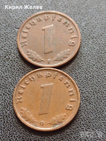 Две монети 1 райхспфенинг 1938г. / 1 райхспфенинг 1937г. Трети райх с СХВАСТИКА редки 37760, снимка 1