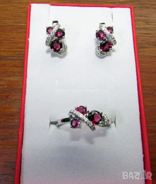 925 сребърен комплект обеци и пръстен натурален родолит подходящи за подарък, снимка 1