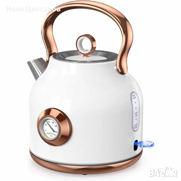 Електрически чайник NESSGRAIM от неръждаема стомана с ретро термометър – 1.7 L, 2200W, снимка 1