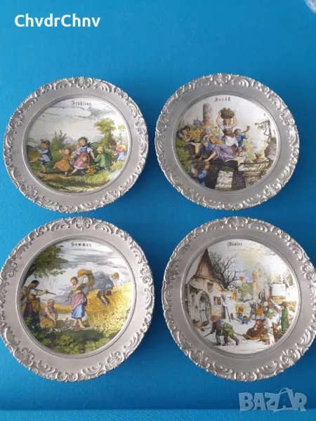 4бр Seltmann немска колекционерска декоративна порцеланова чиния-картина/сезони/калаена рамка/калай, снимка 1