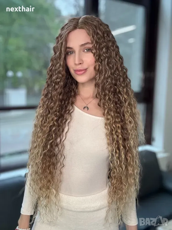 Омбре къдрици 80 см - кафява перука с реалистичен път 13x4x1, снимка 1