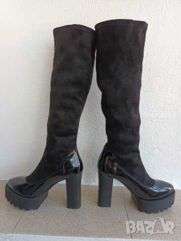 Дамски черни дълги ластични ботуши с висок ток и дебела подметка и лачена основа, снимка 3 - Дамски ботуши - 41845335