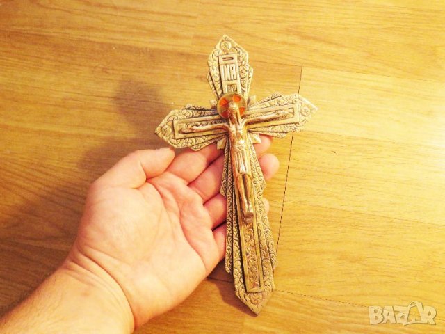 Солиден бронзов кръст разпятие  Исус Христос 22х 13см - внос Израел, Йерусалим, снимка 2 - Антикварни и старинни предмети - 34134799