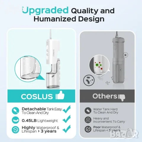 Зъбен душ COSLUS Water Teeth Flosser, Преносим акумулаторен подвижен резервоар за вода, снимка 3 - Други - 48368986