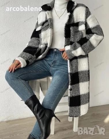 Дамско есенно-зимно палто с отворени копчета и плюшен кариран плат, 4цвята , снимка 2 - Палта, манта - 47851255