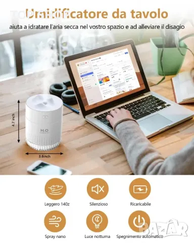 LKV Ултразвуков Мини овлажнител 350мл/LED светлина/автоматично изключване/2 режима,кола/спални/офиси, снимка 9 - Тримери - 49308613