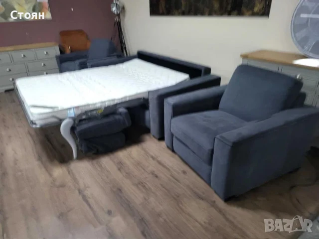 Сив комплект от плат набук диван тройка с функция сън и два фотьойла, снимка 9 - Дивани и мека мебел - 50886856