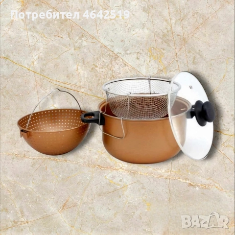 Тенджера с гевгир и кошница за пържене Voltz, 24*12.5см., Меден\въгл. стомана с незалеп. покр., снимка 6 - Съдове за готвене - 52407125