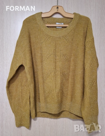 РАЗКОШЕН пуловер с плетеници в цвят горчица, снимка 3 - Блузи с дълъг ръкав и пуловери - 52943786