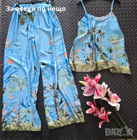 Сатенен Сет От Две Части Потник И Прав Широк Панталон С Ластик И Колан🔝Дамски Комплект Код VL-104