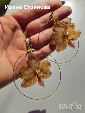 Обеци с естествен цвят на орхидея в кафяви нюанси., снимка 3 - Обеци - 53738154