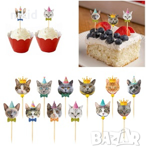 15 бр глава коте котка котки шапка корона топер торта топери клечки за мъфини кексчета парти украса, снимка 3 - Други - 31273494