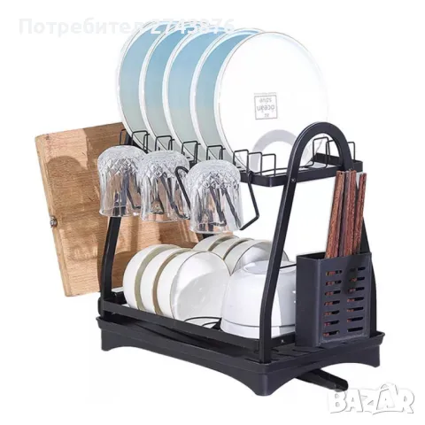Сушилник на две нива с преливник Dish rack MZY- 1032B, Черен- 44х24.5х36.5 см, снимка 2 - Други - 47869816