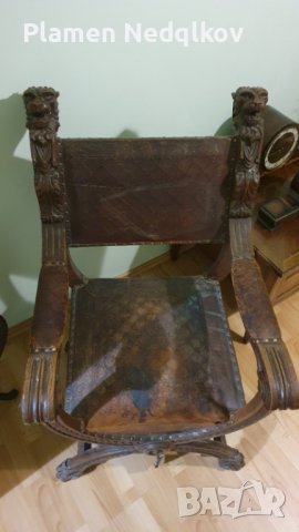 Масивен стар стол със орнаменти,глава и крака на лъв, снимка 3 - Столове - 39663658