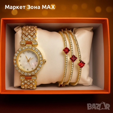 Готов сет за елегантност: кварцов часовник + 3 гривни с червени акценти, снимка 2 - Дамски - 52863184