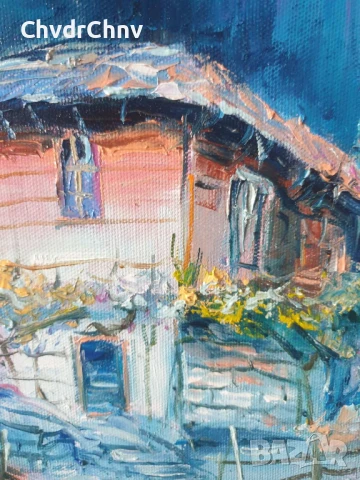 Димитър Генев 33x27см/малка българска картина масло върху платно/стара селска къща, снимка 4 - Картини - 51153006