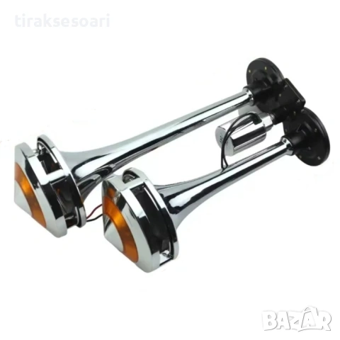 Двоен въздушен клаксон с жълта LED светлина 300 dB – 12V/24V, хром метал, без компресор, снимка 5 - Аксесоари и консумативи - 53037875